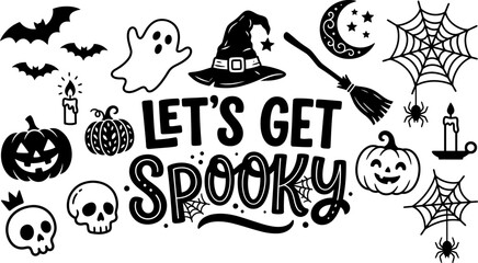 Fototapeta premium Hand drawn doodle set for halloween featuring spooky icons like pumpkins ghosts bats and a let get spooky sign