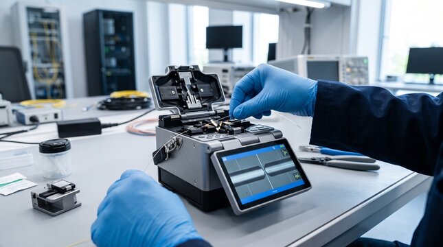 Network engineer using optical fusion splicer to align subsea fiber optic cables
