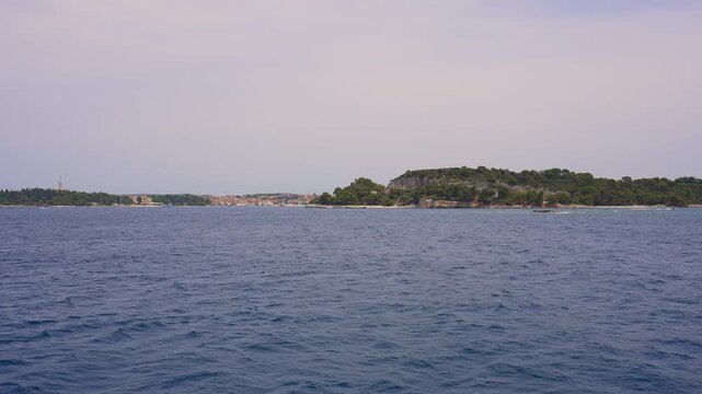 Panoramic View of Saint Andrew Island and Rovinj Coast, Croatia.Filmed on July 17,2026.