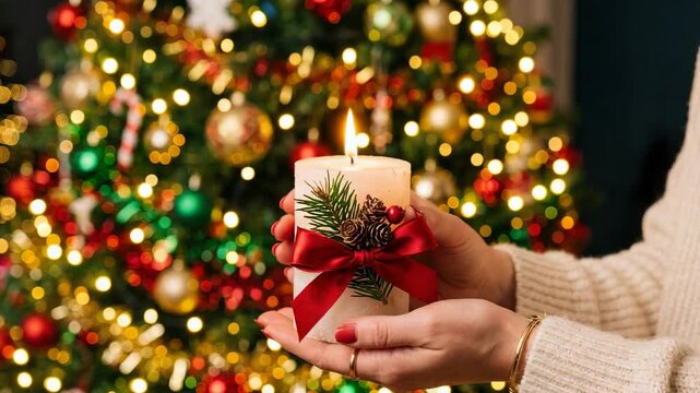 Woman holding a burning candle with a red ribbon in front of a Christmas tree. Festive decor and holiday atmosphere for a celebration during winter season