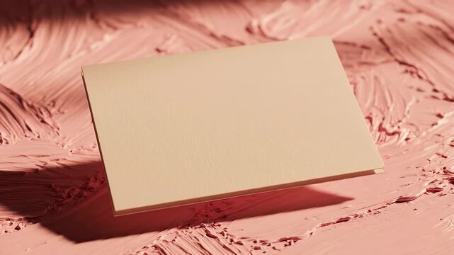 A crisp white blank sticky note resting on a pink textured surface under warm lighting