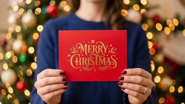 Woman holding red Christmas greeting card with golden text. Festive holiday atmosphere with glowing lights on decorated pine tree. Seasonal celebration postcard