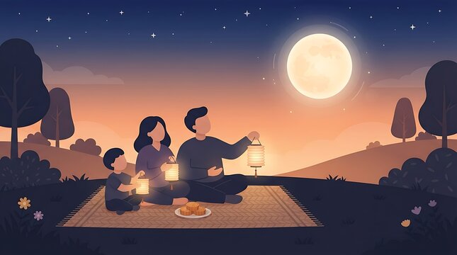 Happy family celebrating Mid-Autumn Festival outdoors while holding glowing lanterns under a bright full moon and starry night sky in a warm flat vector illustration style