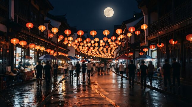 Full moon shining over a traditional Chinese street decorated with red lanterns during the Mid-Autumn Festival night celebration in a cinematic landscape view