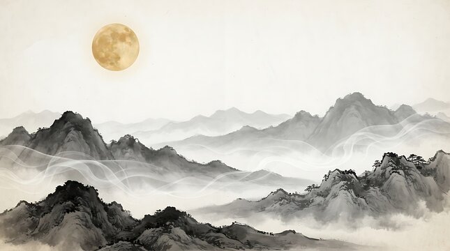 A large golden full moon rising over misty mountain peaks in a traditional East Asian ink wash painting style for Mid-Autumn Festival celebration background