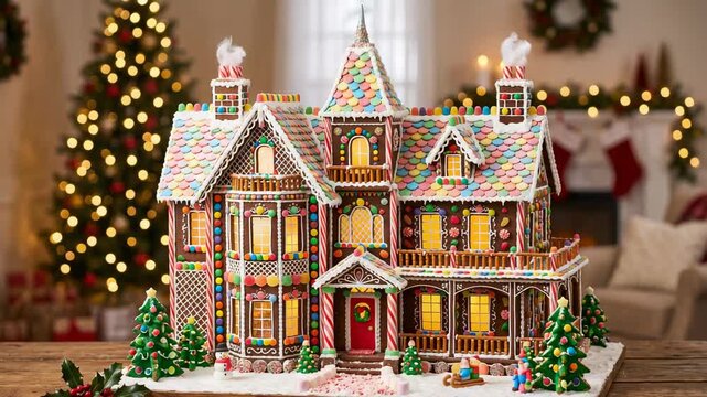 Gingerbread house with festive lights in a cozy room. Christmas mansion made of cookies and colorful candy decorations for holiday celebration at home interior