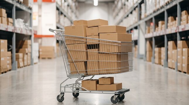 Shopping cart filled with cardboard boxes in a warehouse aisle