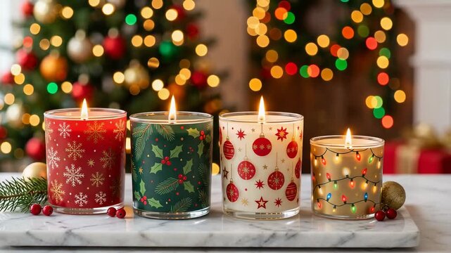 Four burning candles with Christmas patterns placed on marble surface. Festive holiday decor with bokeh lights background for New Year and winter celebration mood
