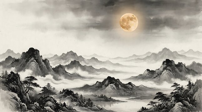 Large glowing full moon rising above misty mountain peaks and pine trees in a traditional oriental ink wash painting style for Mid-Autumn Festival