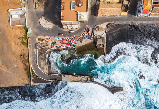 Aerial view of Santo Antao coastline in Ponta do Sol, Ribeira Grande, Cabo Verde.