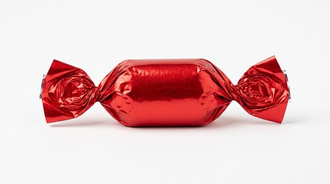 Shiny red wrapper candy on white background for sweet treats