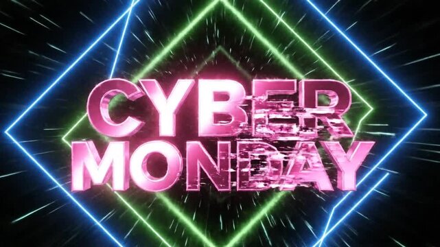 Pink Cyber Monday text with neon geometric lines in space