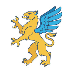 Fototapeta premium Heraldic griffin rampant in profile with clean monoline outlines and bold golden and azure blue color blocks on a white background, heraldry design concept