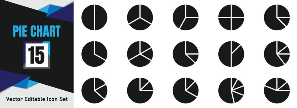 Set of fifteen different black and white pie chart icons for data visualization and business presentation graphics