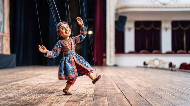 String puppet dancing on stage with colorful attire and wooden floor, charmingly performing live entertainment in theater.