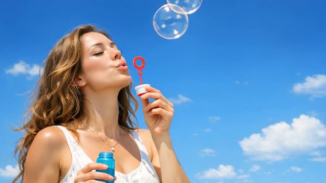 A woman enjoying a sunny day by blowing soap bubbles from her mouth with a wand. She is wearing a white dress and standing against the backdrop of a clear blue sky with light cloud cover.