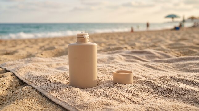 Sunscreen bottle on a beach towel with ocean in the background