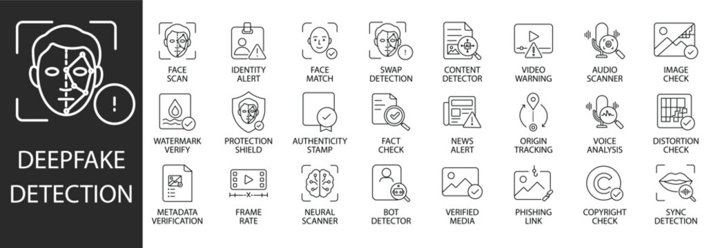Deepfake and AI content detection line icon set. Cybersecurity, fake news alert, face swap, biometric scan, audio deepfake, digital watermark, and fact check thin icons.