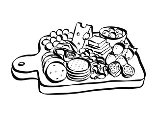 Obraz premium Elegant cheese and charcuterie platter doodle featuring Italian meats, fresh fruit and crackers for wine. Ideal for culinary designs, deli promotions, or gourmet food concepts.