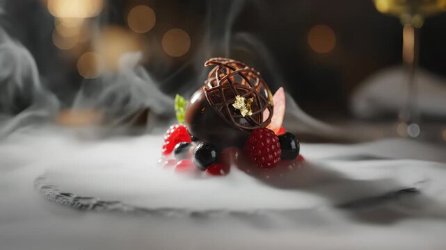Gourmet chocolate dessert featuring a cocoa sphere and decorative cage with gold leaf, garnished with fresh berries and served on a slate plate with flowing liquid nitrogen smoke.