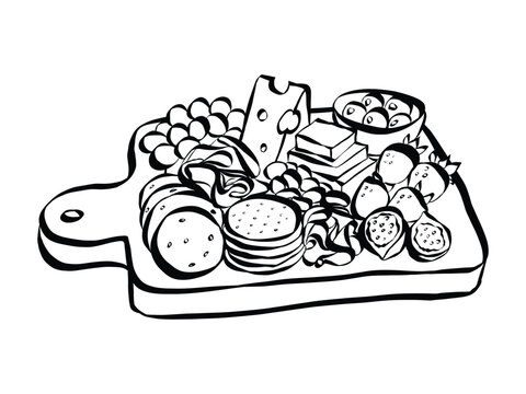 Elegant cheese and charcuterie platter doodle featuring Italian meats, fresh fruit and crackers for wine. Ideal for culinary designs, deli promotions, or gourmet food concepts.