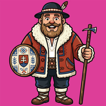 Traditional Slovakian Highlander Mascot Character Holding Fokos Axe and Folk Shield Cartoon Vector Illustration