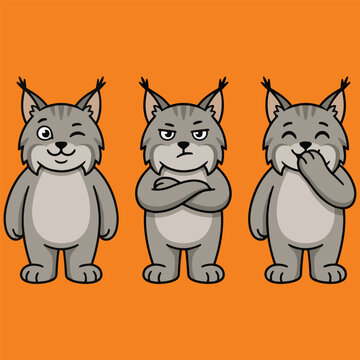 Whimsical cartoon bobcat depicting wink, grumpy crossed arms, and bashful laughter, set against a solid orange backdrop, perfect for adding character and personality to digital or print designs