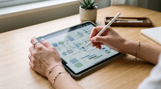 Person using stylus on tablet to draw a flowchart on wooden desk