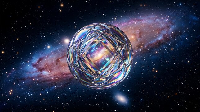 Glowing Iridescent Glass Sphere Floating in Cosmic Space