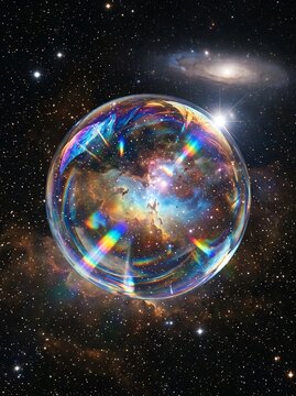 Glowing Iridescent Glass Sphere Floating in Cosmic Space