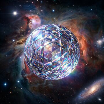 Glowing Iridescent Glass Sphere Floating in Cosmic Space