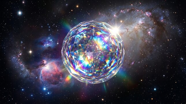 Glowing Iridescent Glass Sphere Floating in Cosmic Space