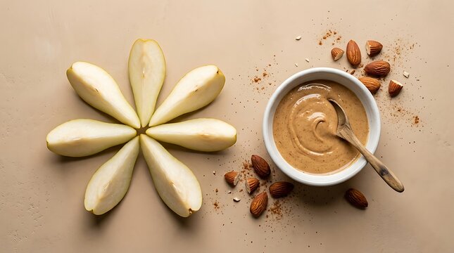 Pear slices flower with creamy almond butter and whole almonds