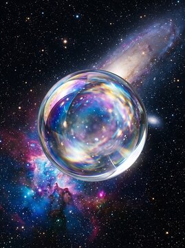 Glowing Iridescent Glass Sphere Floating in Cosmic Space