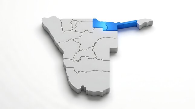 Three dimensional map of namibia highlighting specific regions with vibrant blue color on white background with rendered white featuring, displays three