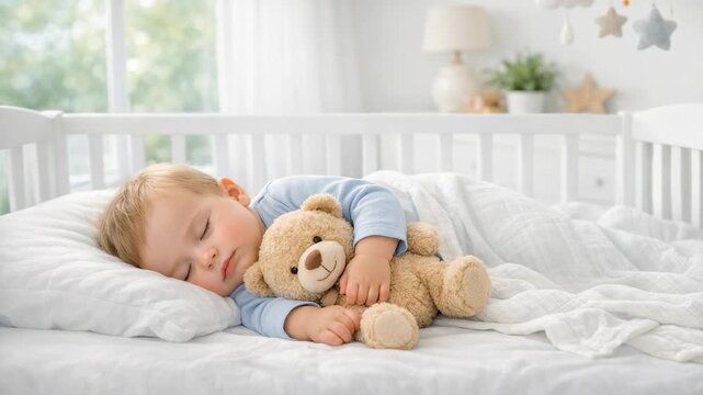 Soft light bathes a sleeping child in a crib. Baby clutching a plush teddy bear. White bedding and wooden crib frame. Gentle morning glow through window. Calm, peaceful atmosphere