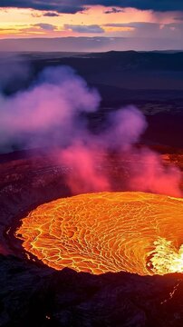 Vertical video: Boiling lava lake venting steam and releasing heat at dusk, lightning flashing