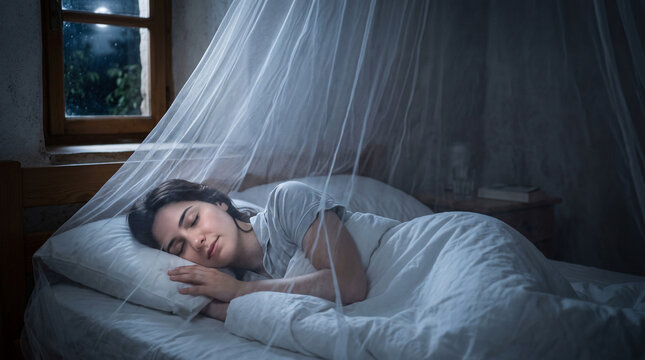 Woman sleeping peacefully under a mosquito net in her bedroom at night. Protection against insect infestation and bug bites. Healthy sleep in safe, calm and comfortable conditions.