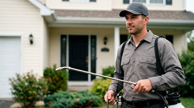 Exterminator holding professional pesticide sprayer equipment in front of house. Man performing home insect control and pest prevention service.