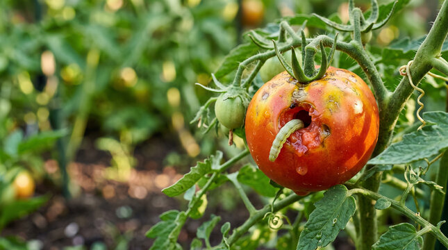 Green caterpillar eating a ripe red tomato on a vine. Garden pest damaging vegetable crop.