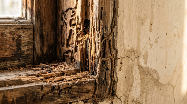 Wooden window frame severely damaged by termites. Pest infestation in residential building construction showing mud tubes and wood destruction. Home maintenance and repair concept.