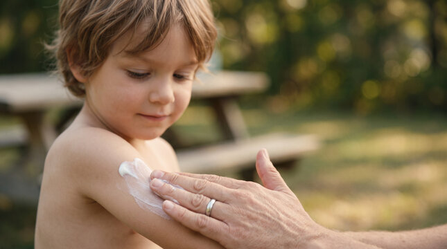 Father applying insect repellent cream on skin of child to prevent bug bite. Parent protecting boy from mosquito during outdoor activity. Health care and pest prevention concept.