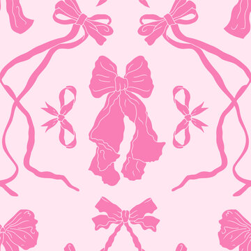 Grandmillennial ribbon bow damask seamless pattern. Cute girly coquette repeat background