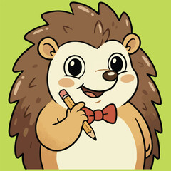 Charming Cartoon Hedgehog Character Holding a Pencil with a Bow Tie, Symbolizing Creativity and Education in a Friendly Style