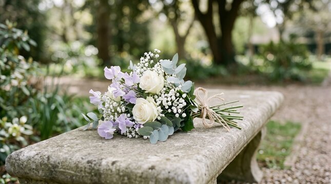 Wedding Bouquet of White Roses and Lavender Sweet Peas on Stone Bench Outdoors
