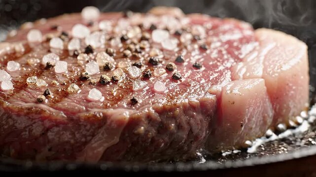 Premium Cut Raw Beef Steak Seasoned with Rock Salt and Spices Sizzling in Cooking Pan