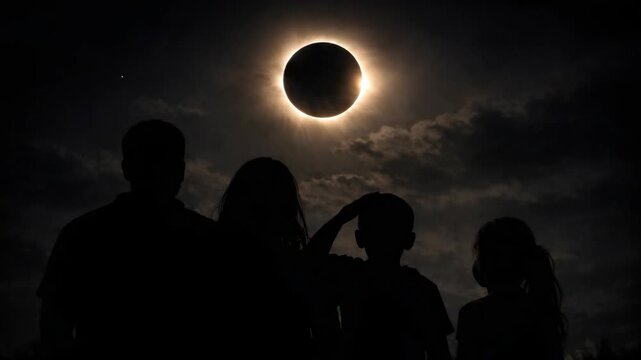A family of four stands outside at night, watching the solar eclipse with awe and wonder. The sky is darkened by the moon passing in front of the sun, casting an eerie glow on their faces.