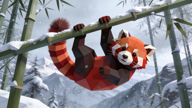 Red panda hanging from bamboo pole in winter forest