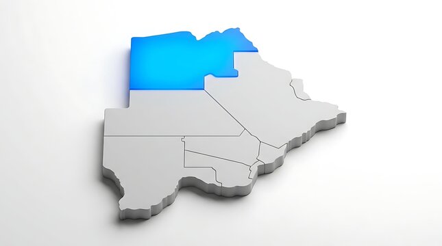 Three dimensional map of botswana highlighting the northern district with bright blue gradient coloration with northern region highlighted highlighted vibrant glowing