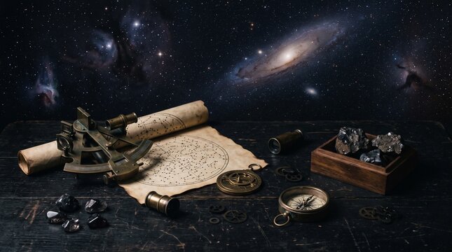 Antique navigation tools and celestial map on a dark wooden table with galaxy background